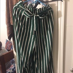 Green and white striped high waisted pleated pants